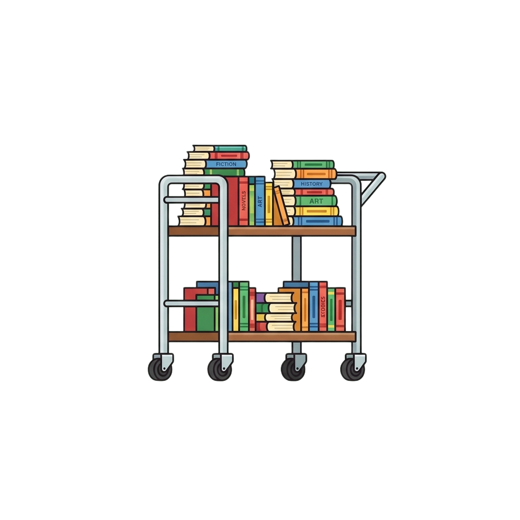 A mobile book cart with three shelves filled with colorful books on wheels