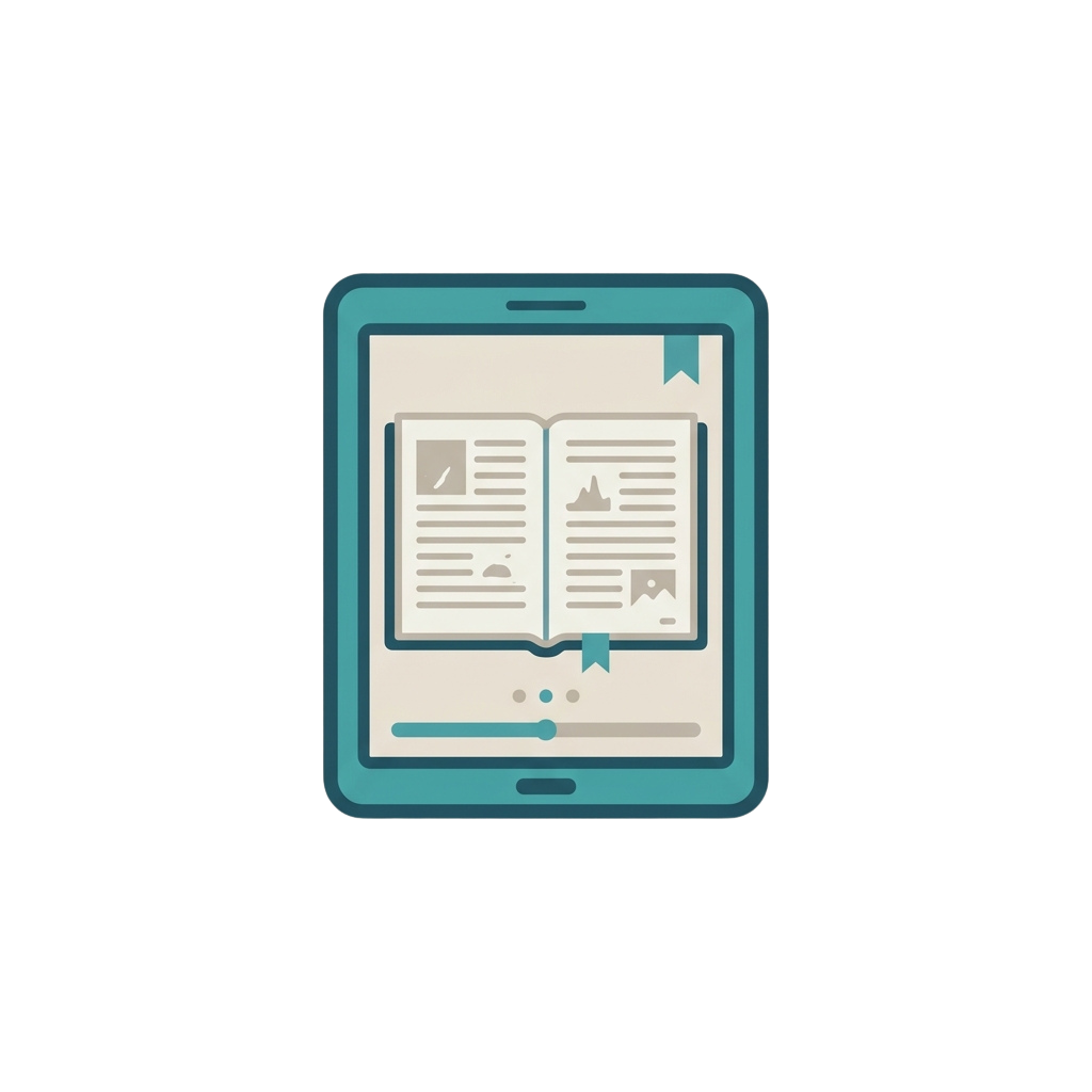 A tablet displaying an open ebook with a bookmark and audio playback controls