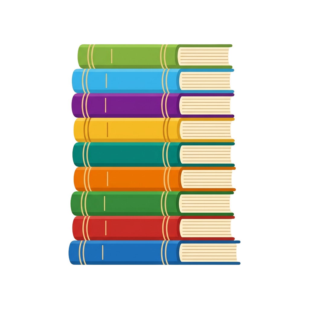 Nine colorful books stacked vertically in rainbow colors with beige spines