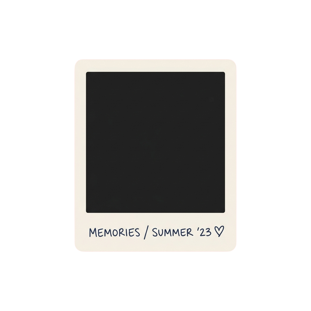 Black and white Polaroid-style frame with empty space and text reading Memories Summer 23 with a heart symbol