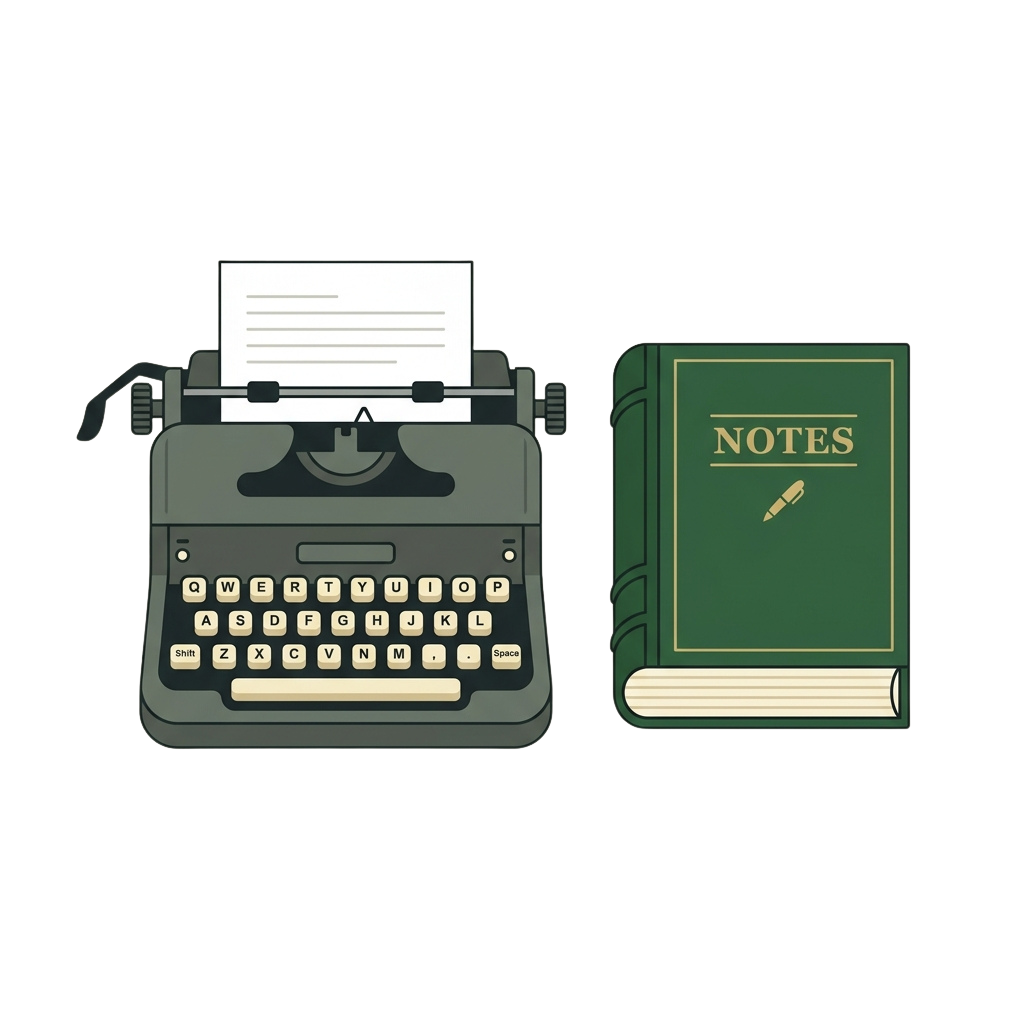 Illustration of an old-fashioned typewriter and a green notebook labeled notes with a pencil on top