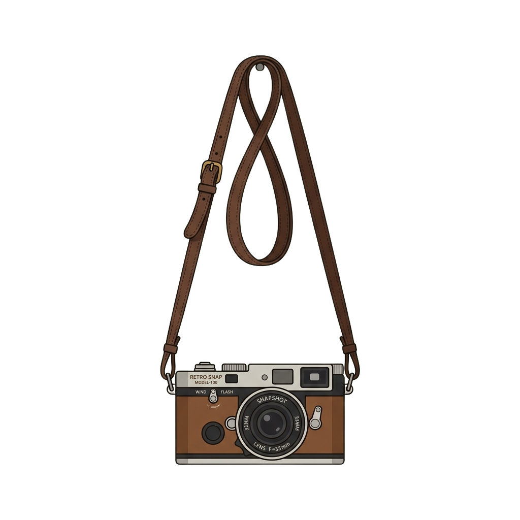 A brown vintage-style film camera with a leather strap hanging against a black background