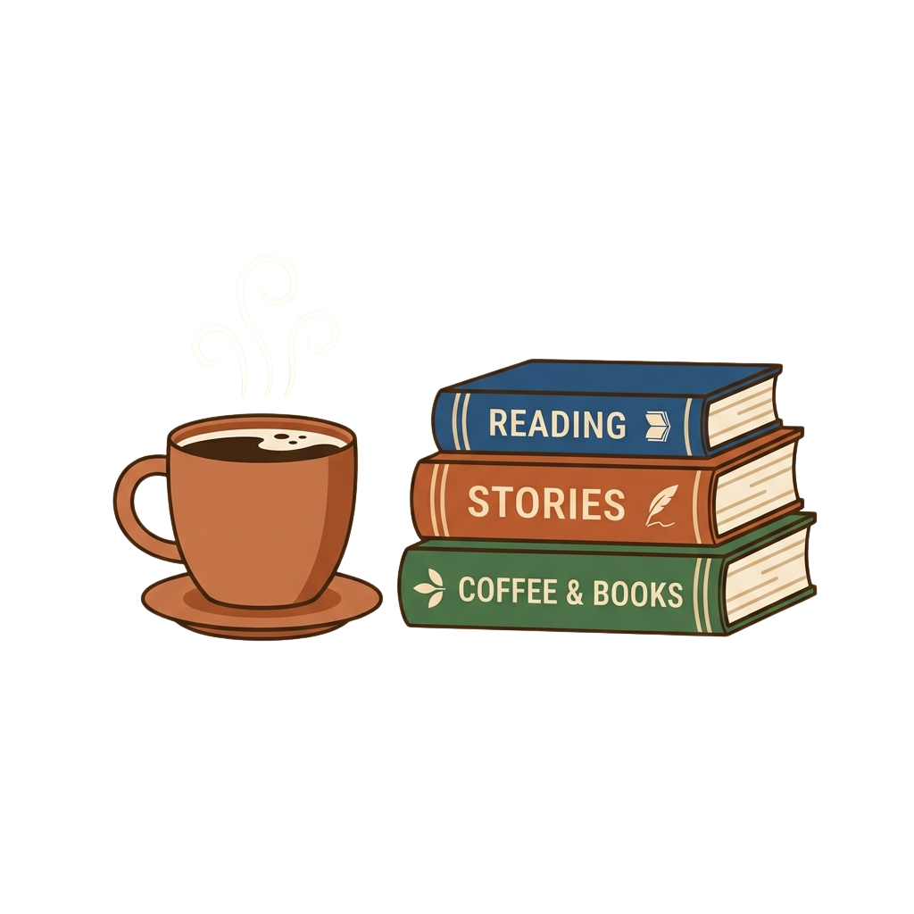 A steaming coffee cup next to a stack of books labeled reading stories and coffee books