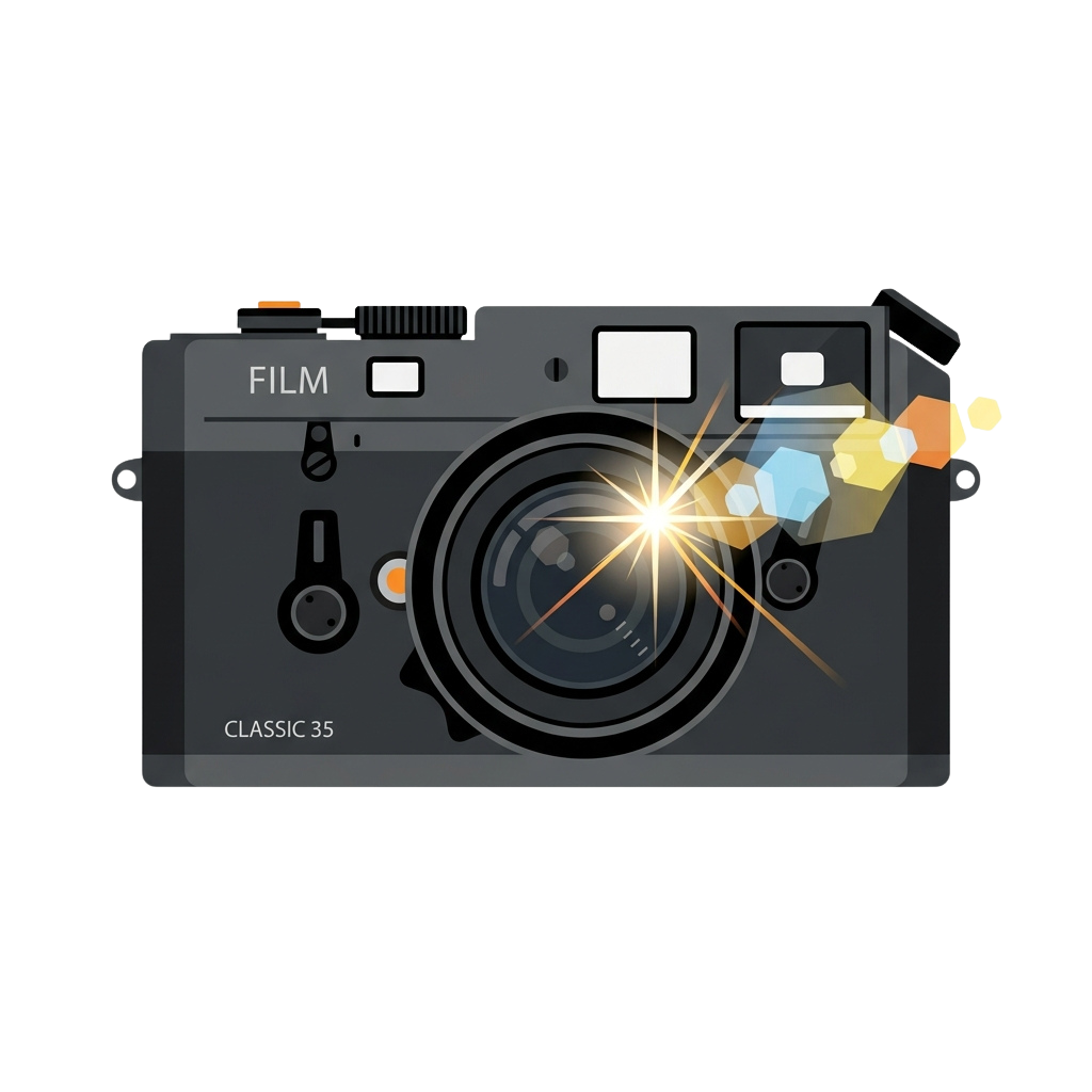 A stylized illustration of a classic 35mm film camera with a bright lens flare effect and colorful geometric shapes.