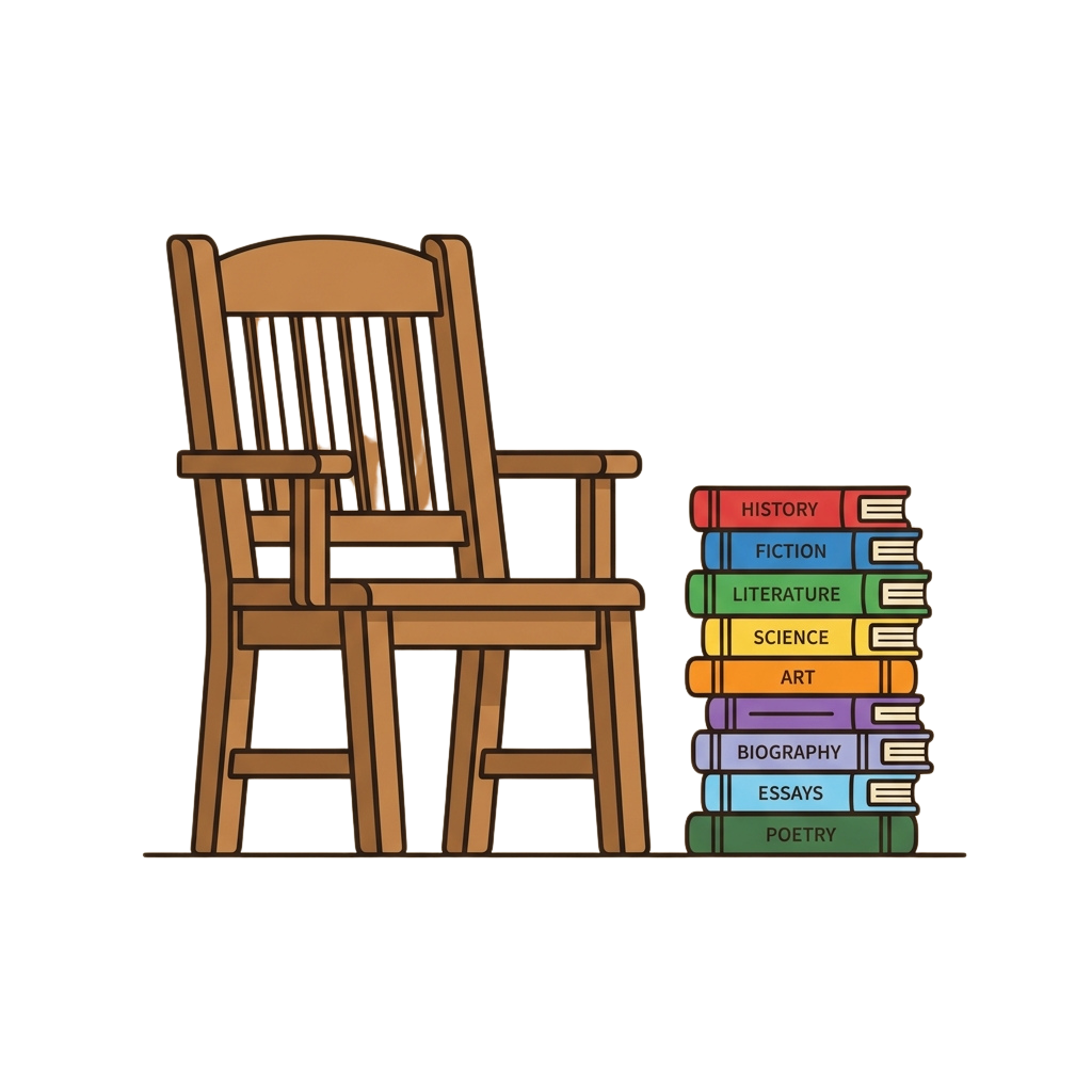 A wooden chair next to a colorful stack of books labeled with different genres like history, fiction, and poetry