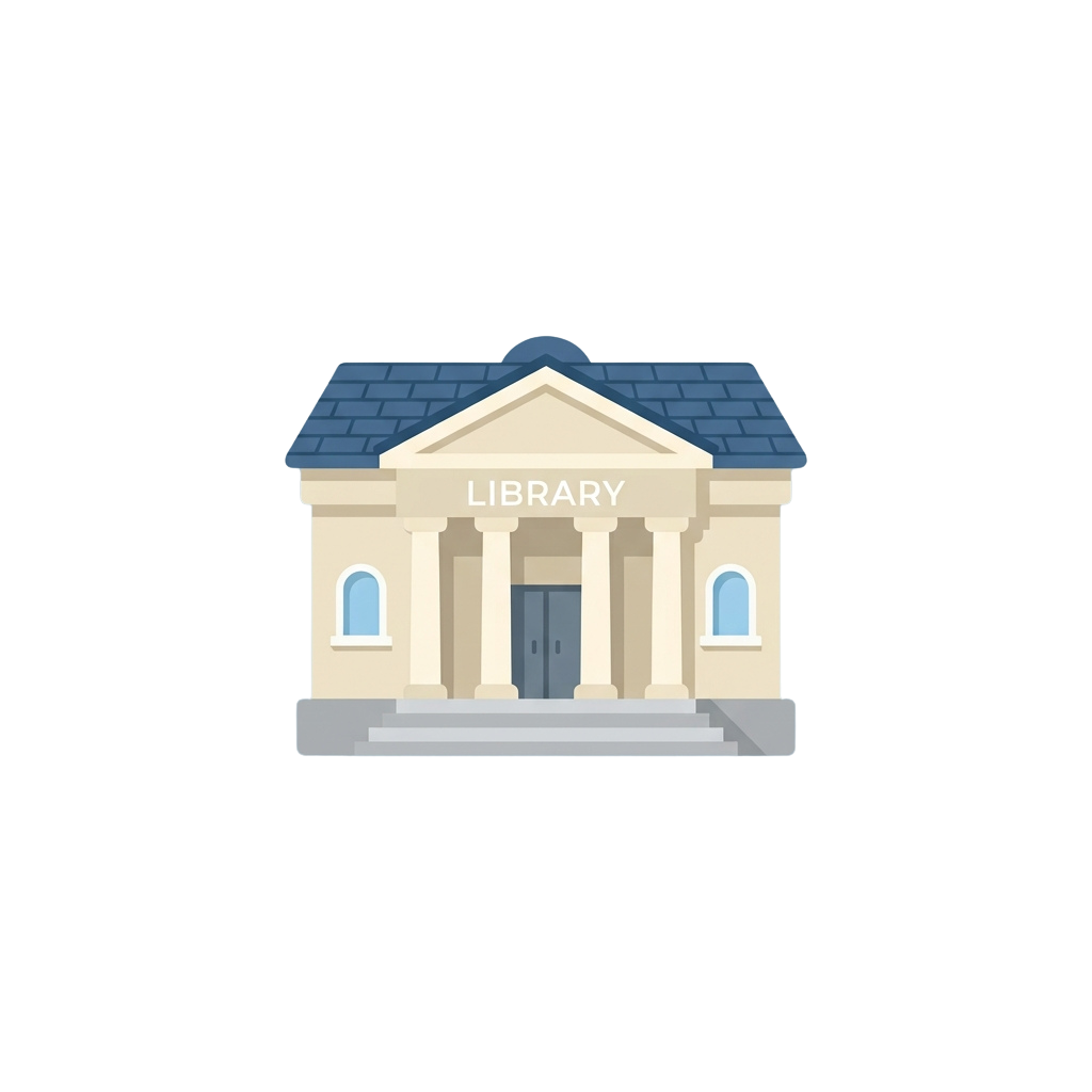Illustration of a neoclassical-style library building with columns and a triangular roof