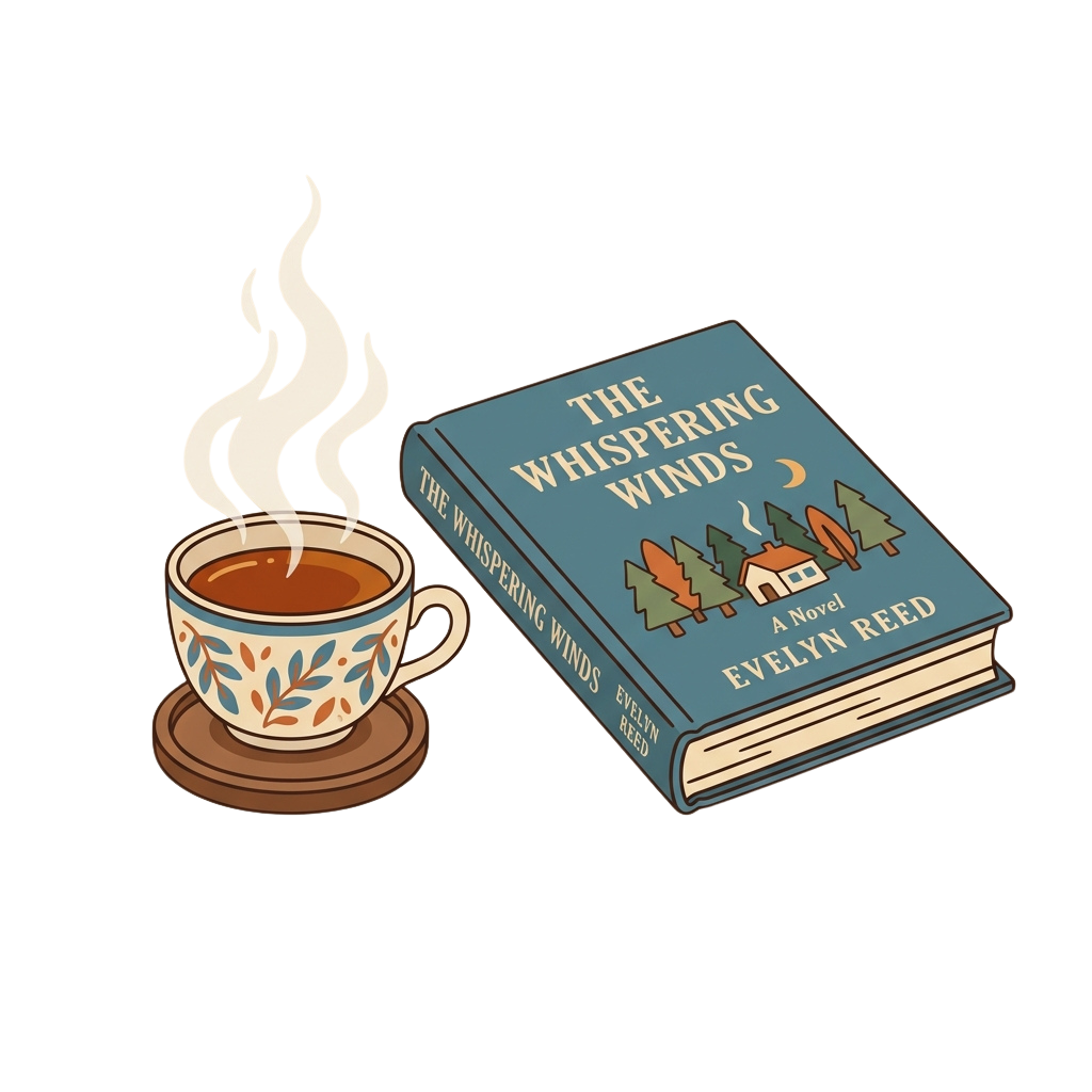 Illustration of a book titled Whispering Winds next to a steaming cup of tea on a coaster