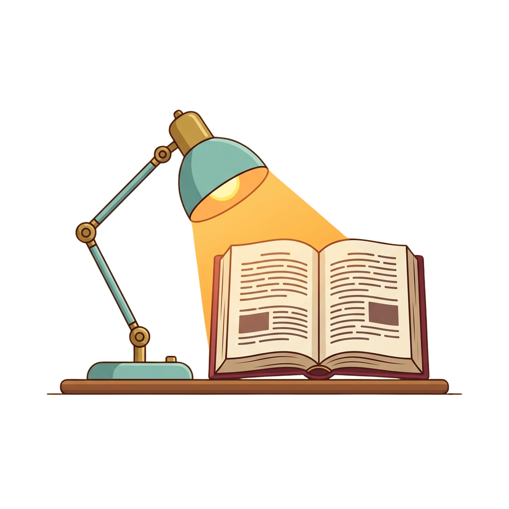 Illustration of a desk lamp shining light on an open book placed on a wooden surface