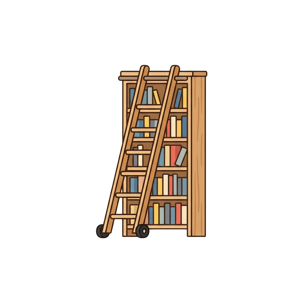 A mobile wooden bookshelf with wheels and a built-in ladder for reaching top shelves