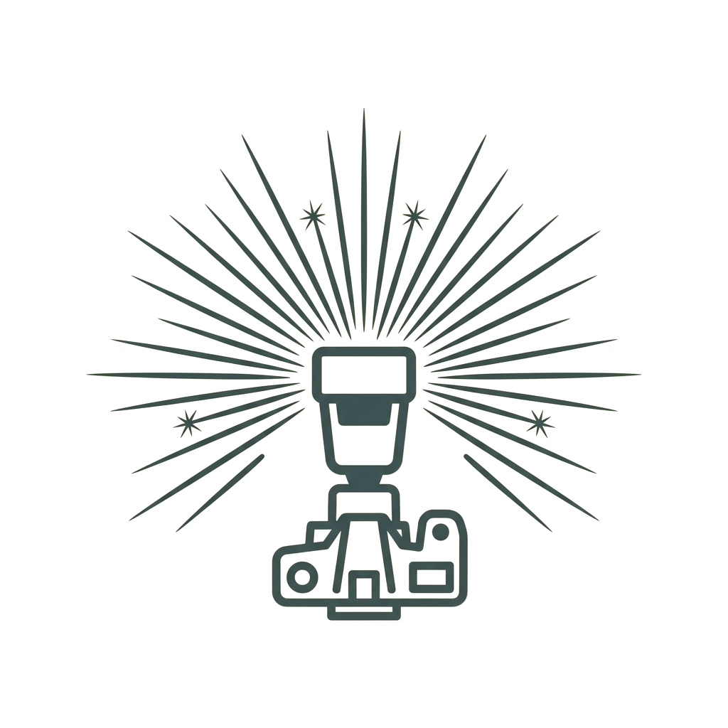 A camera icon emitting bright light rays symbolizing flash photography.
