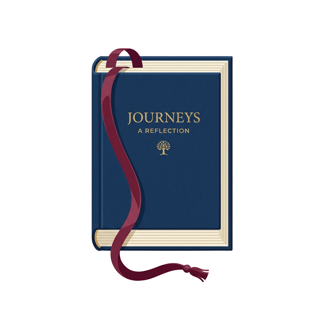 Dark blue book titled Journeys A Reflection with a burgundy ribbon bookmark