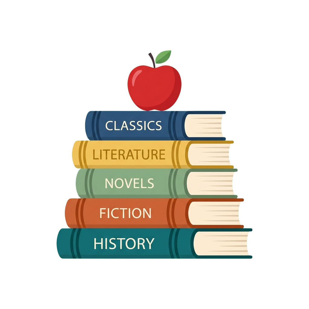 A stack of five colorful books labeled Classics, Literature, Novels, Fiction, and History with an apple on top