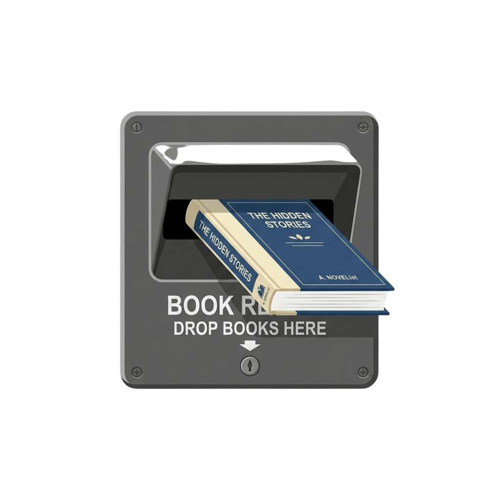 A book return slot with a book titled The Hidden Stories being dropped into it