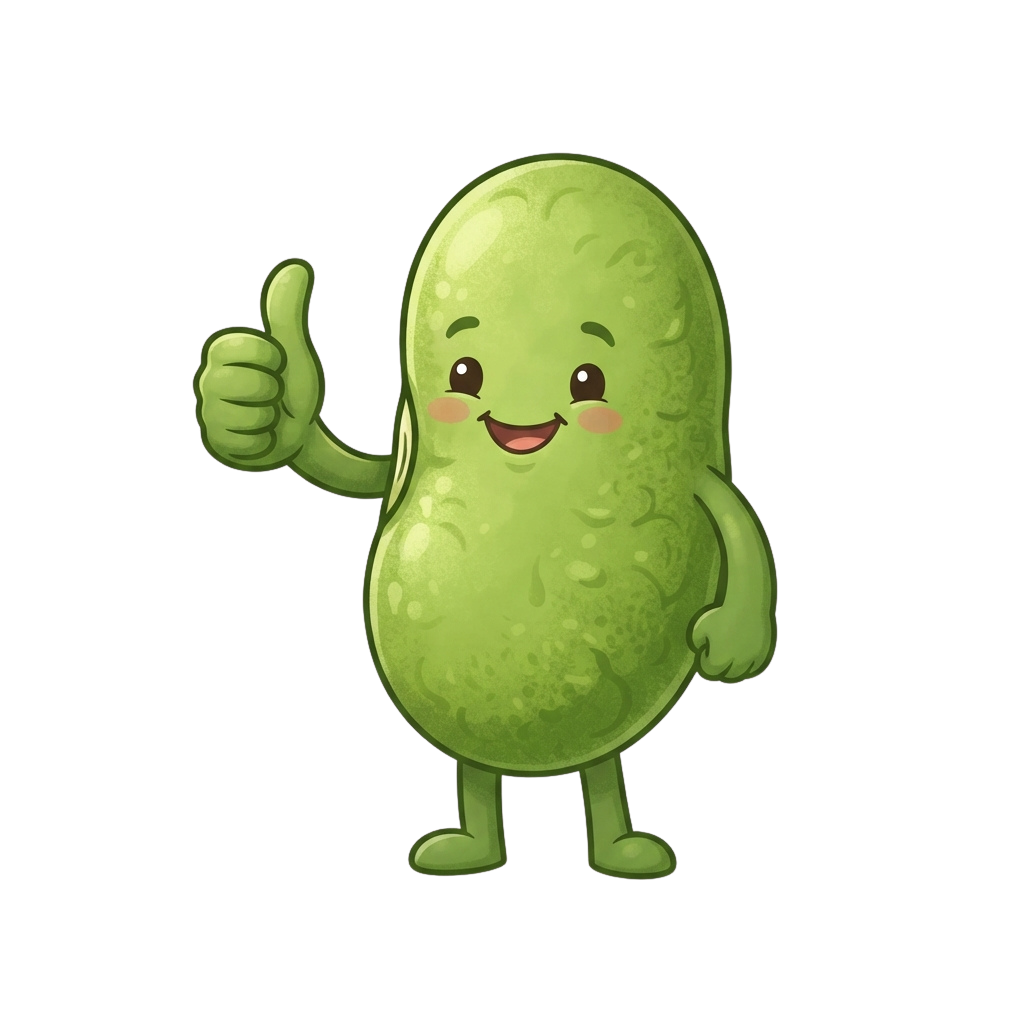 A cheerful green pea character with arms and legs giving a thumbs-up gesture