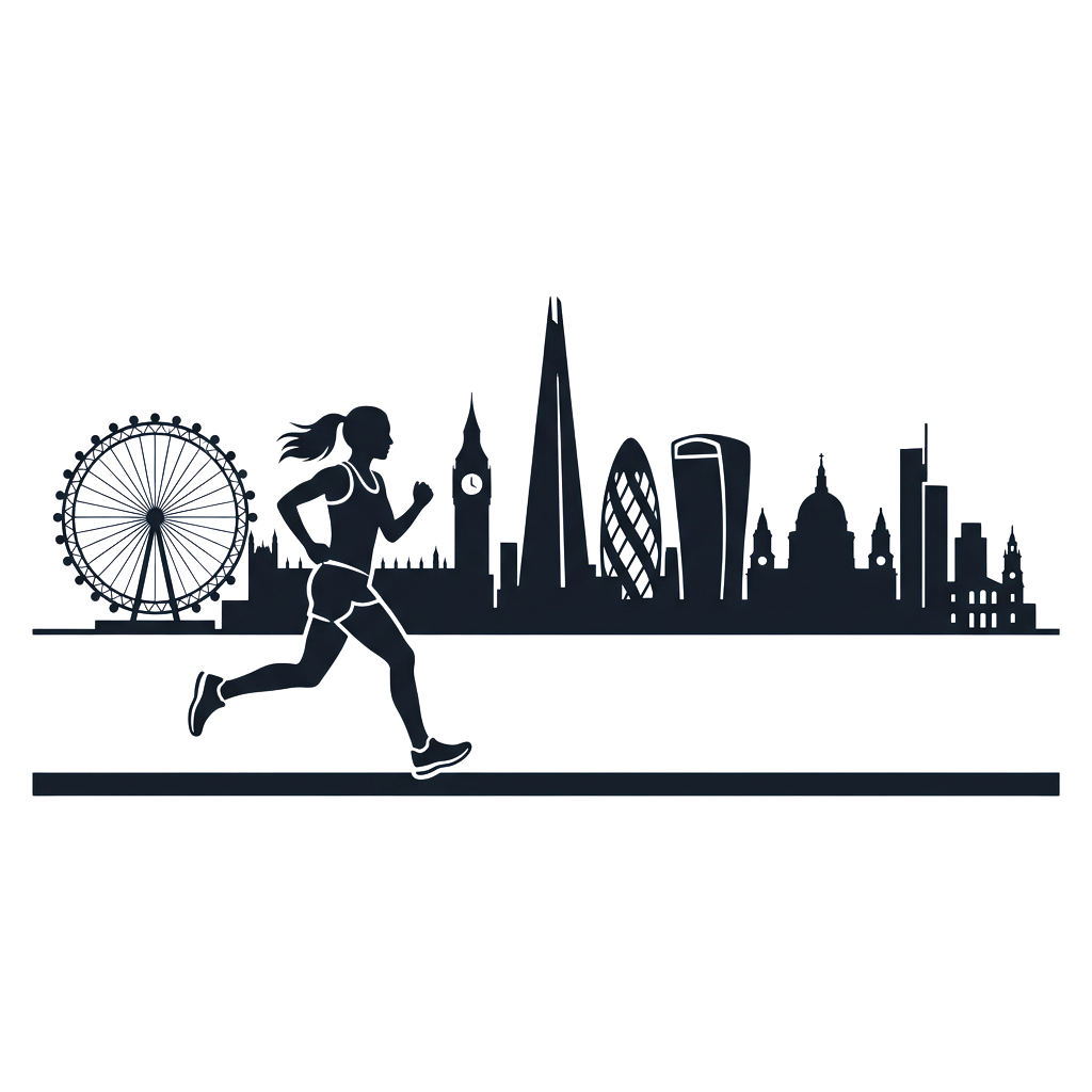 A silhouette of a runner in front of a city skyline at night with a Ferris wheel visible.