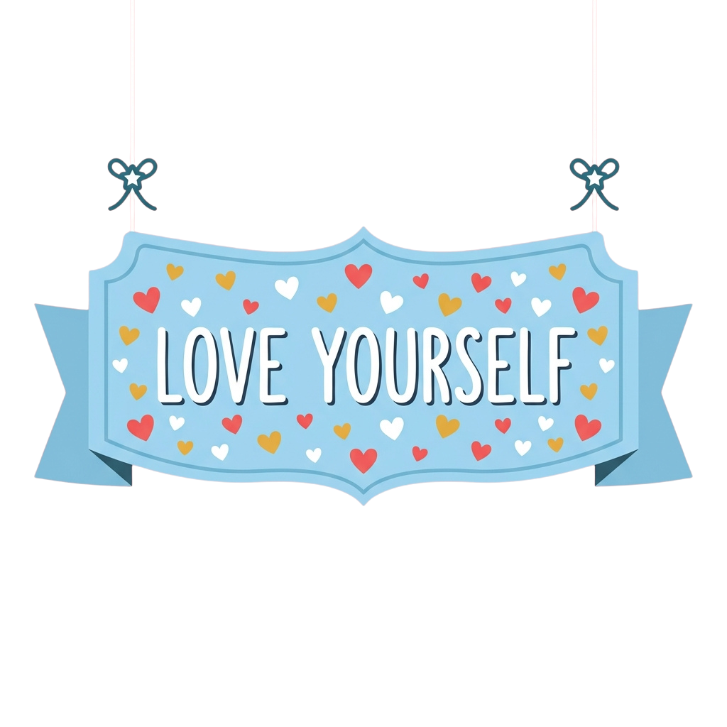 Blue banner with white text reading Love Yourself surrounded by colorful hearts, suspended with ribbons