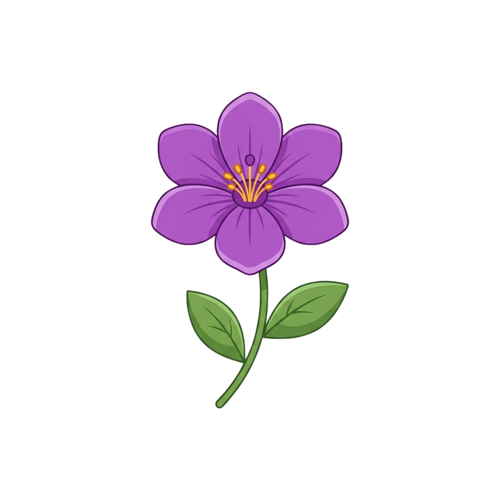 A stylized purple flower with five petals, yellow center, and two green leaves on a black background