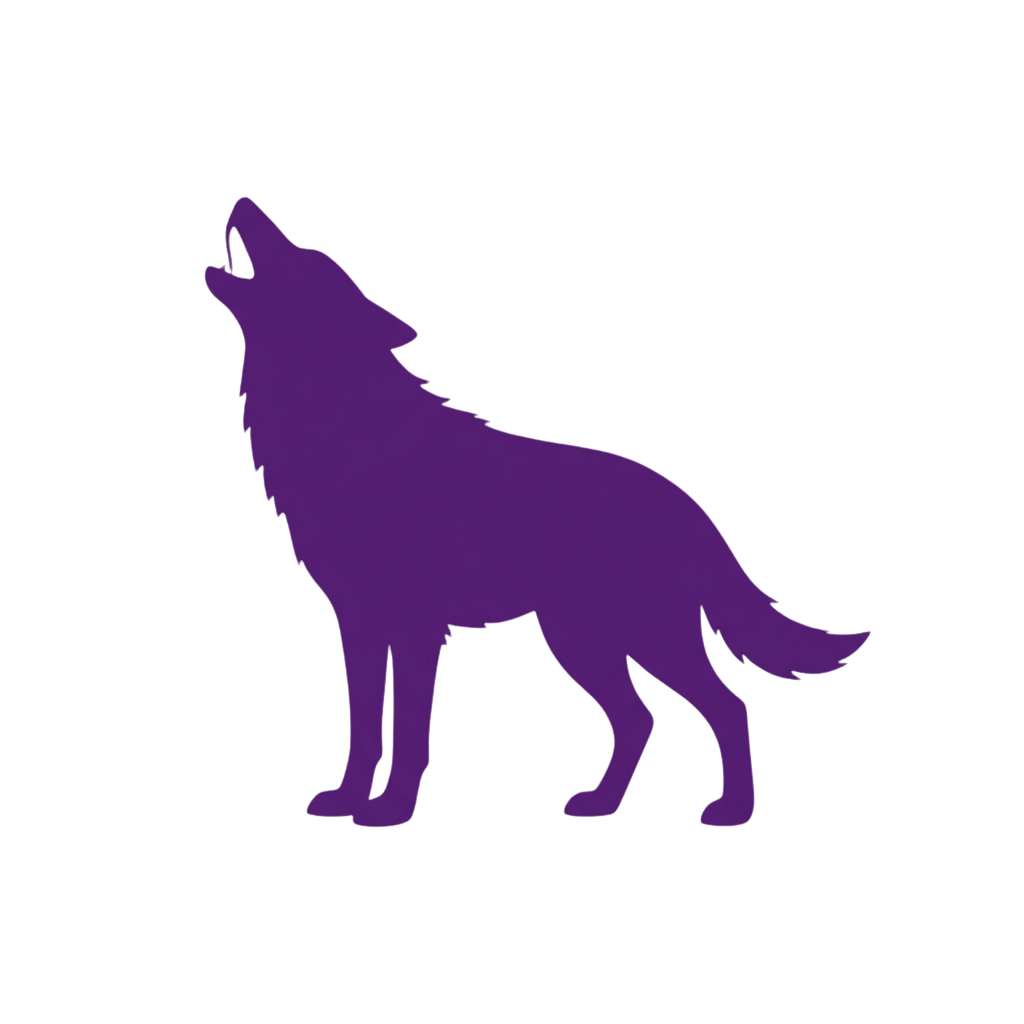 A purple silhouette of a wolf howling against a black background