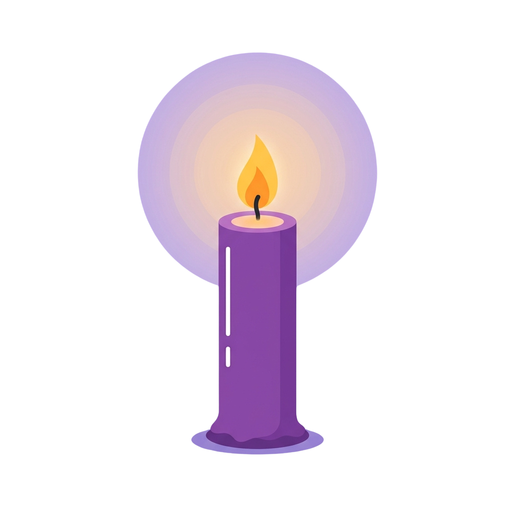 A purple candle with a lit flame emitting a soft glow in a dark background