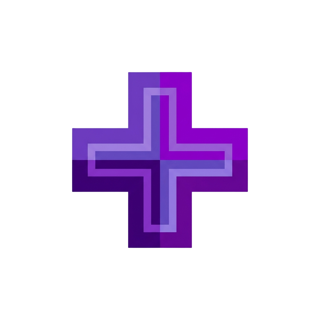 A glowing purple cross symbol with a gradient effect on a dark background