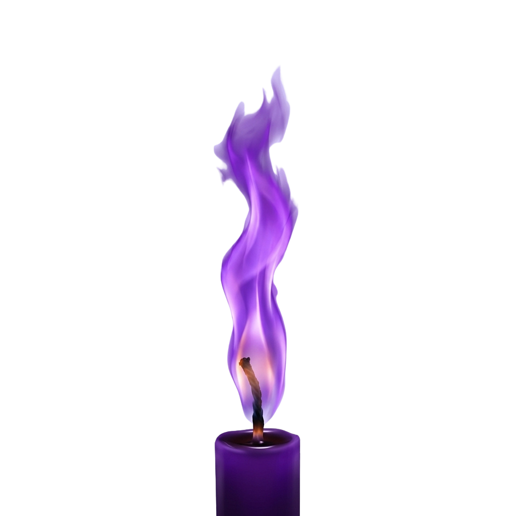 A purple candle with a glowing purple flame burning brightly