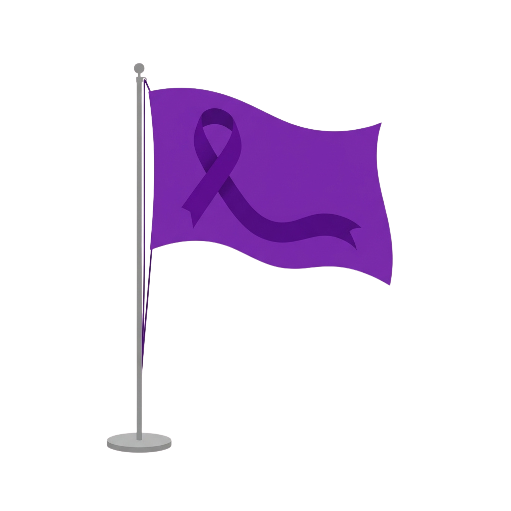 Purple flag with a white ribbon symbolizing breast cancer awareness