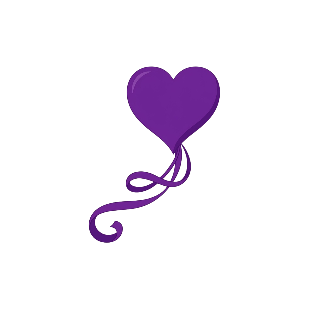 A purple heart-shaped balloon with a long ribbon tied in a bow