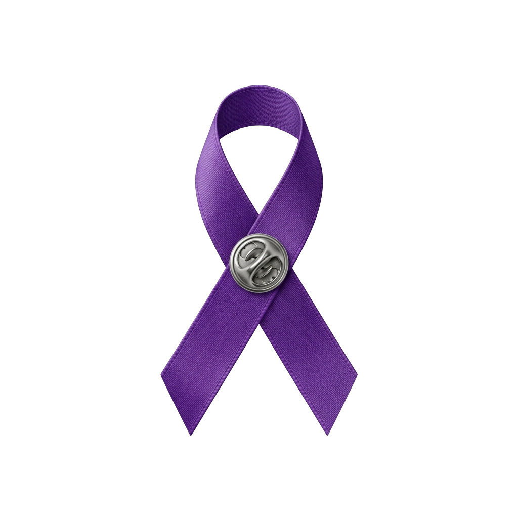 Purple ribbon with a silver clasp symbolizing awareness or support