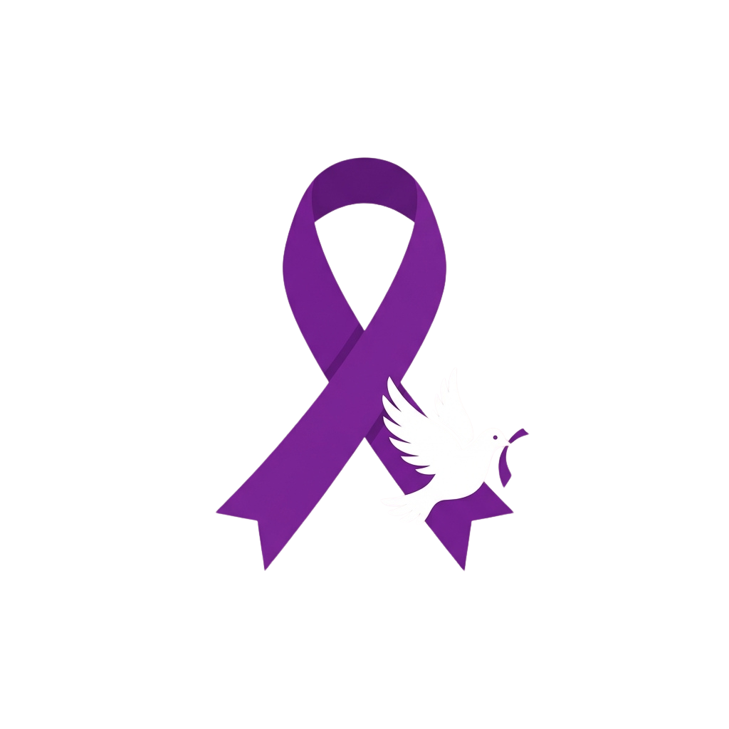 A purple ribbon with a white dove symbol on a black background