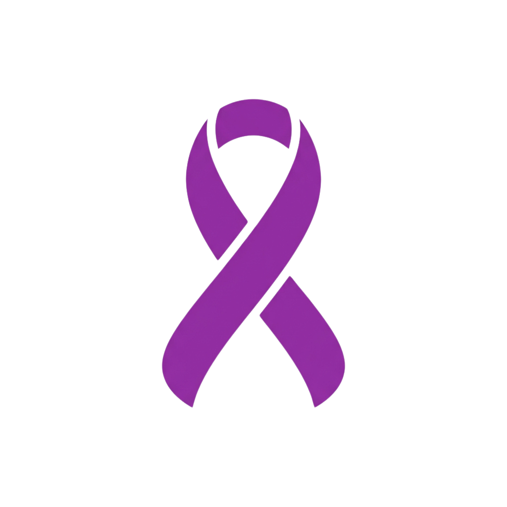 A purple ribbon symbol on a black background