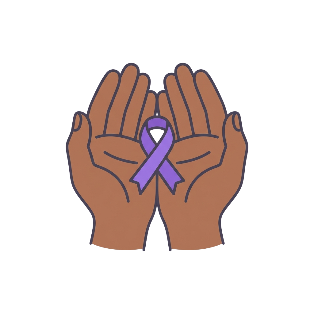 Two hands clasped together with a purple ribbon between them