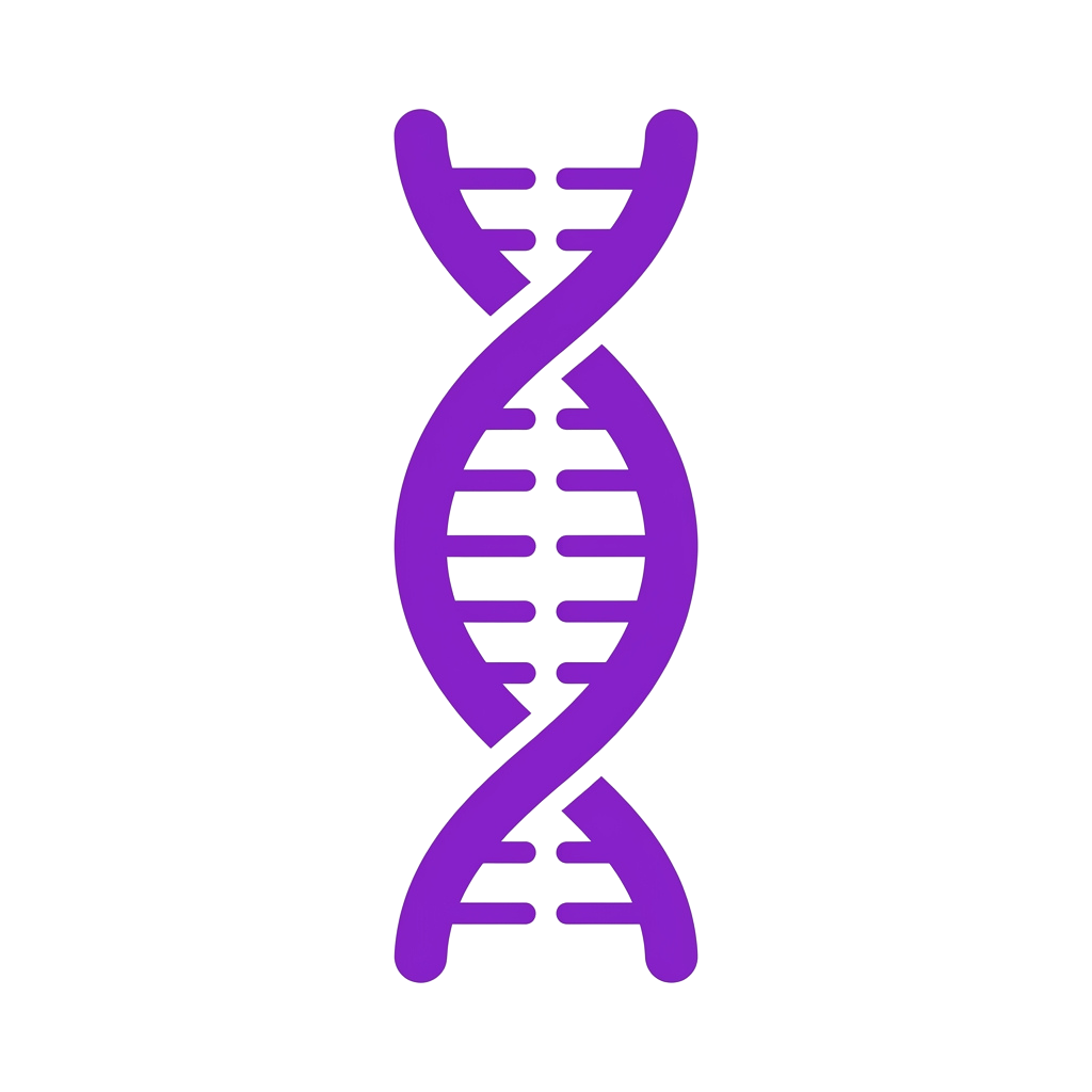A purple double helix DNA strand graphic on a black background