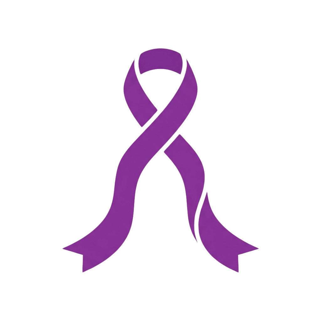A purple ribbon symbol on a black background representing awareness and support