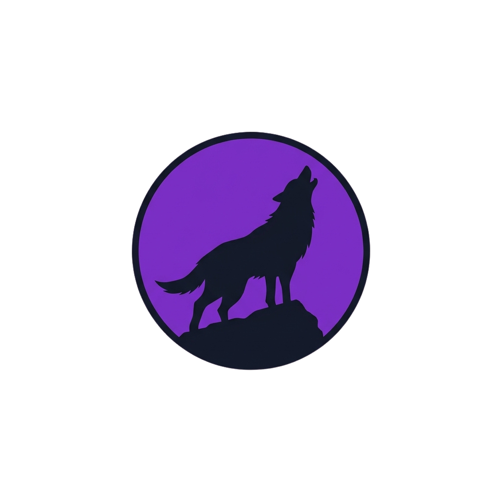 A black silhouette of a howling wolf against a purple circle on a dark background