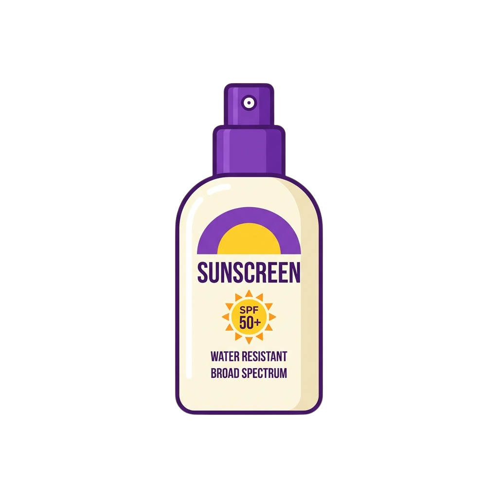 Purple spray bottle of sunscreen labeled SPF 50+, water resistant, broad spectrum protection