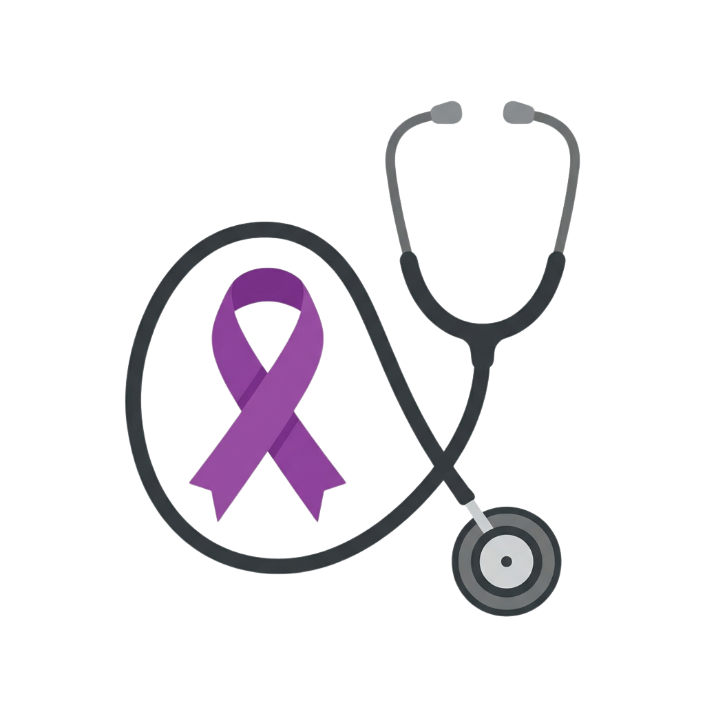 A purple ribbon inside a stethoscope symbol on a black background