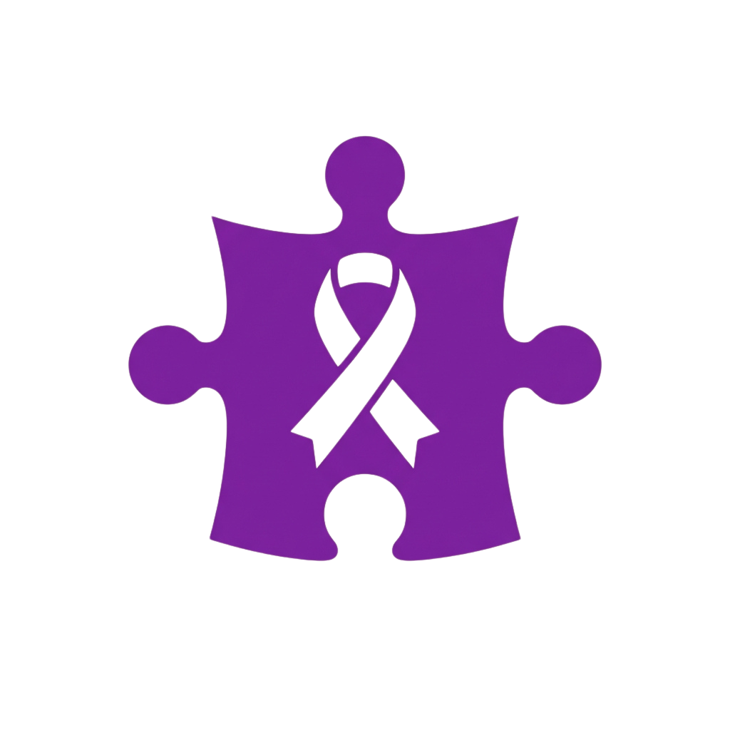 Purple puzzle piece with a black ribbon symbol representing awareness.