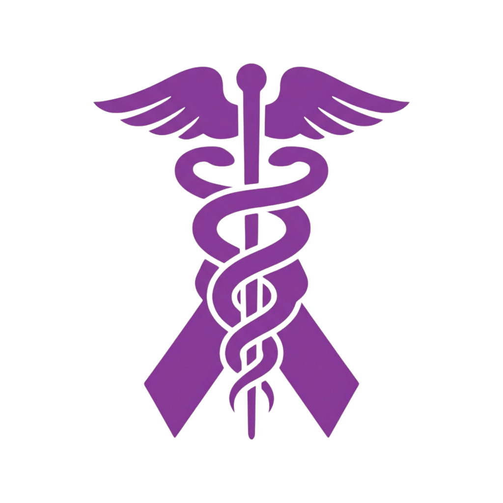 Purple caduceus symbol featuring two snakes wrapped around a central staff with wings on each side