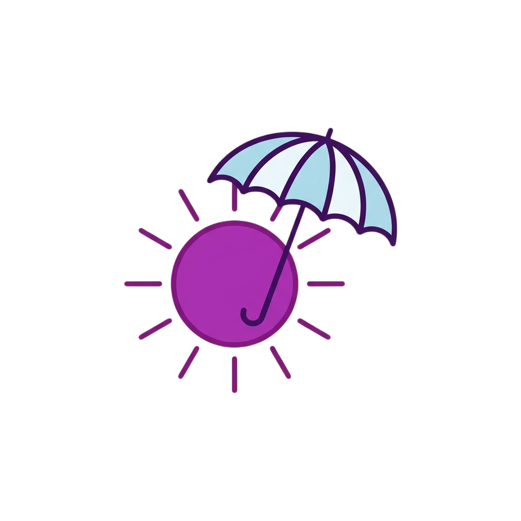 A purple sun with rays partially covered by a purple and light blue striped umbrella