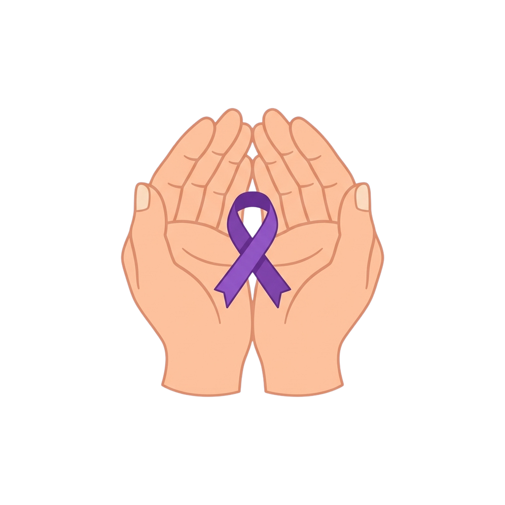 Two hands clasped together holding a purple ribbon symbol