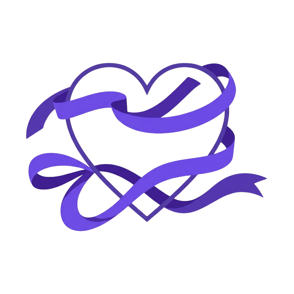 A stylized purple ribbon tied in an intricate knot against a black background