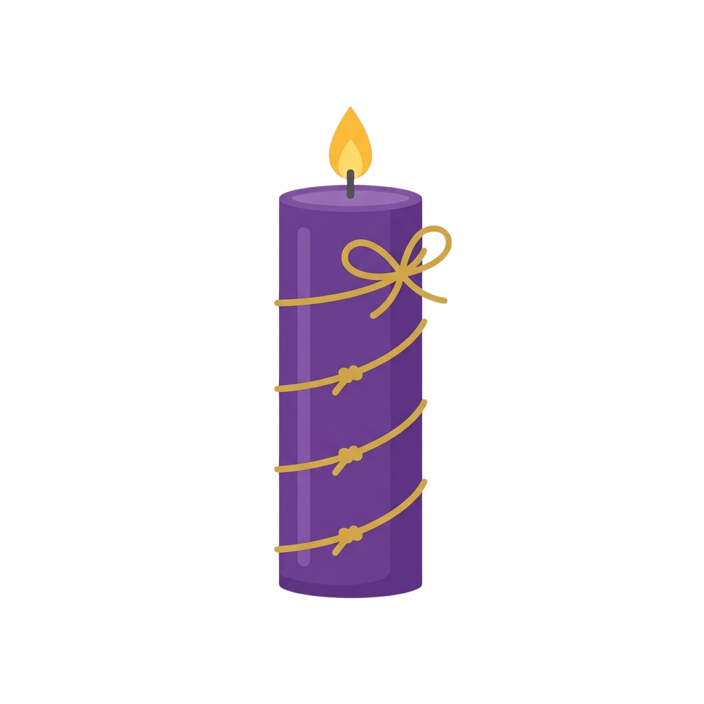 A lit purple candle wrapped with a gold ribbon and bow