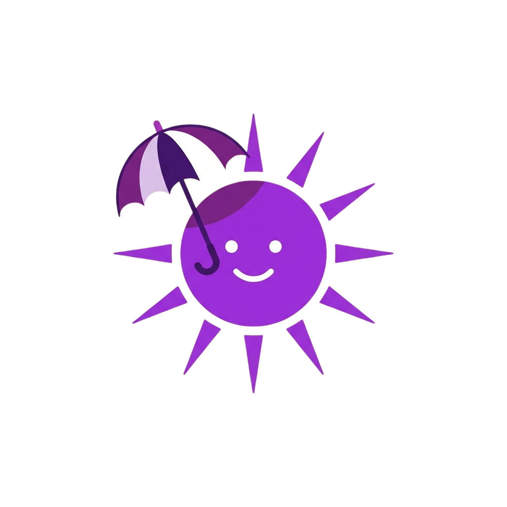 A smiling purple sun with rays holding a purple and white striped umbrella