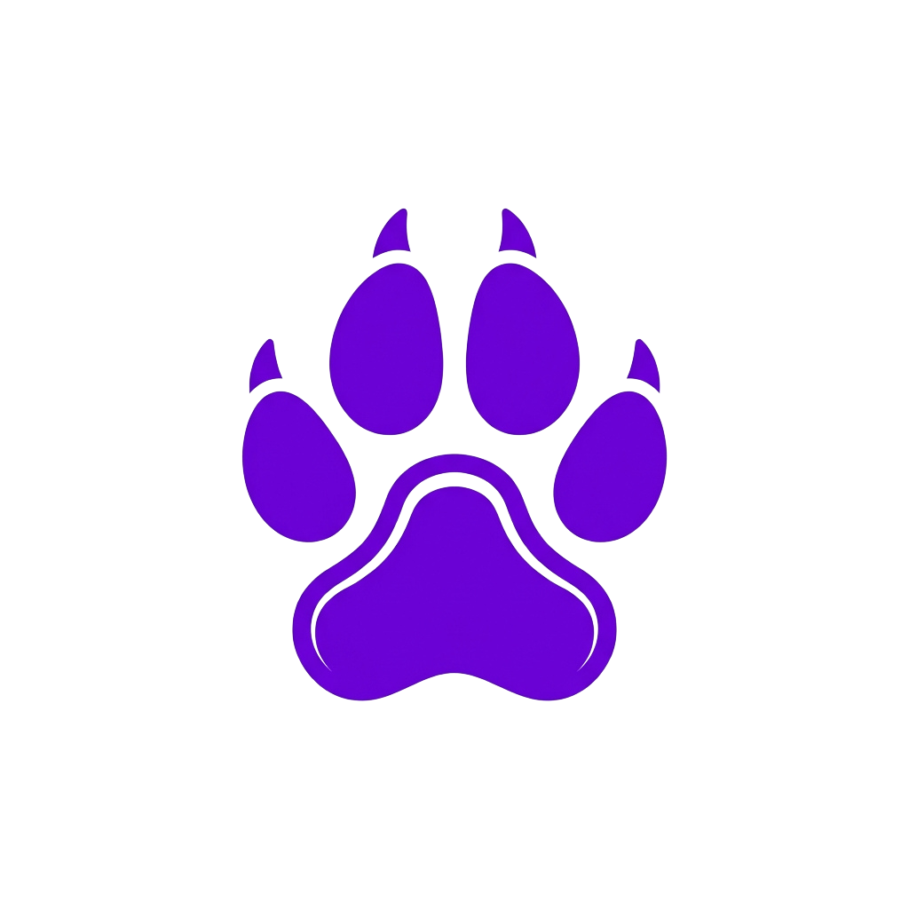 A stylized purple paw print on a black background with detailed claw marks