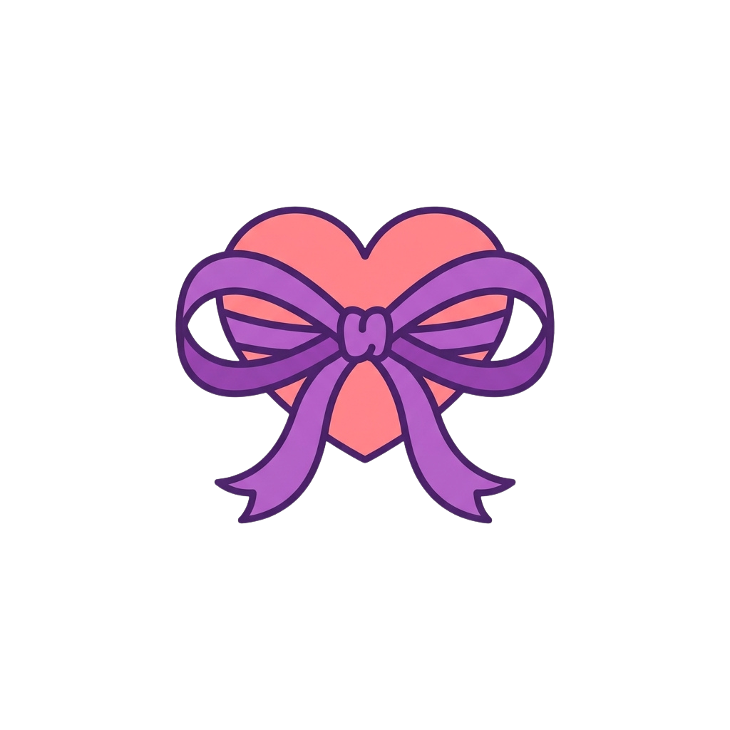 A stylized pink heart with a large purple bow tied around it