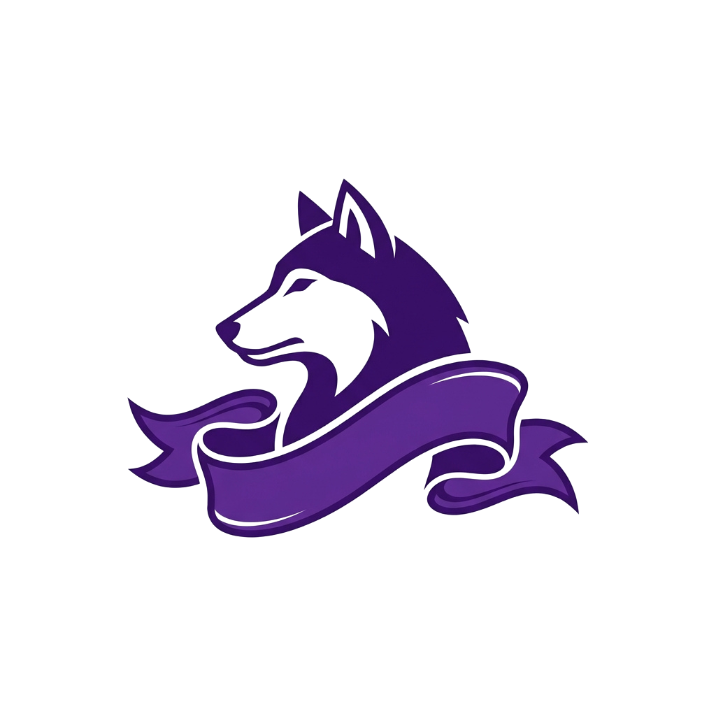 A stylized purple silhouette of a horse head with flowing mane and tail against a black background