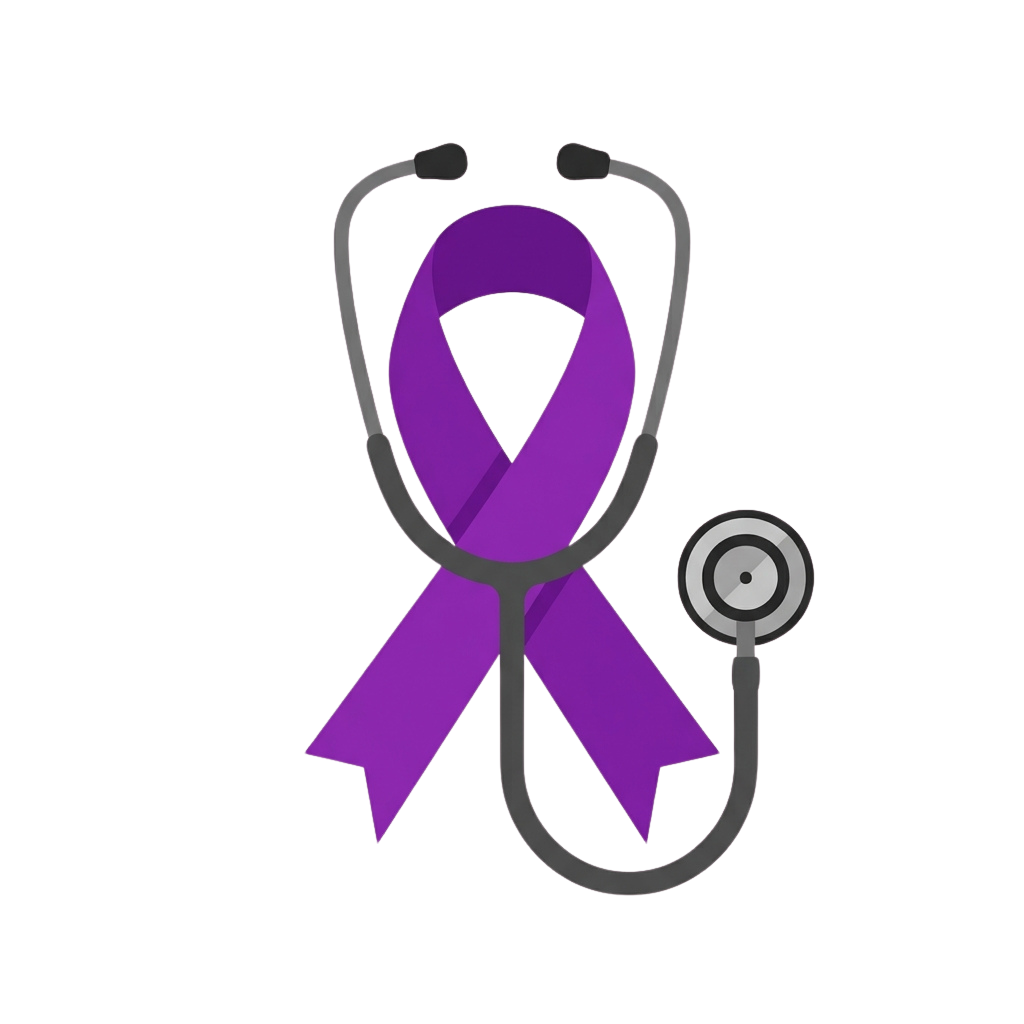 A purple ribbon wrapped around a stethoscope on a black background