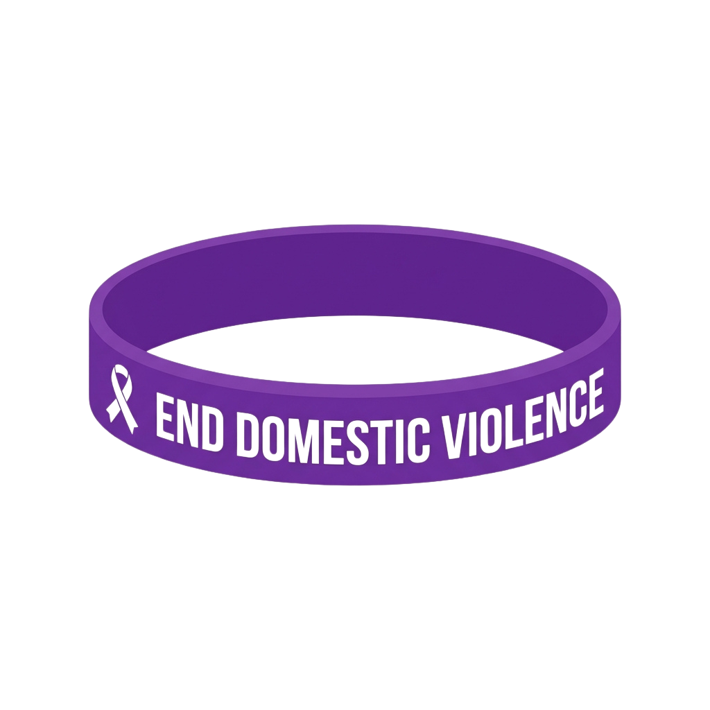 Purple wristband with black text reading End Domestic Violence and a ribbon symbol