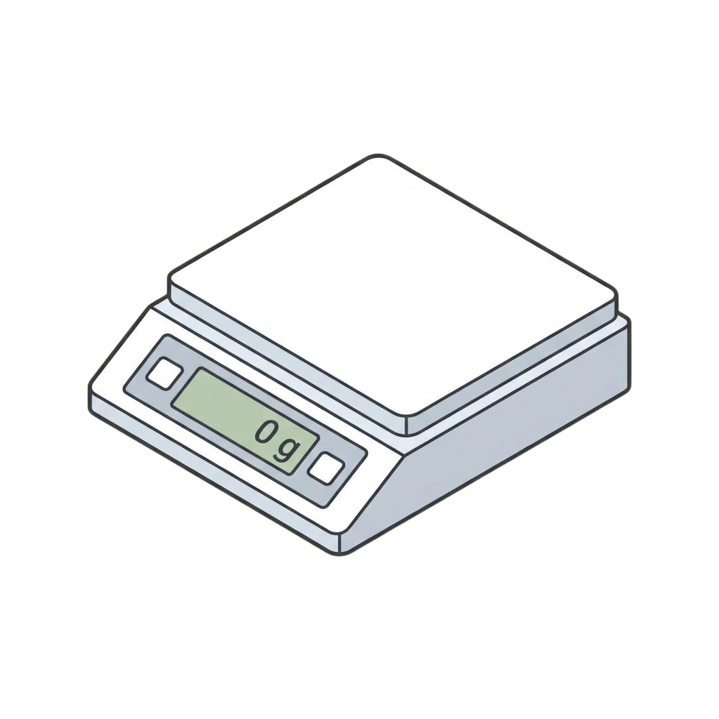 Isometric illustration of a digital kitchen scale showing zero grams on its display