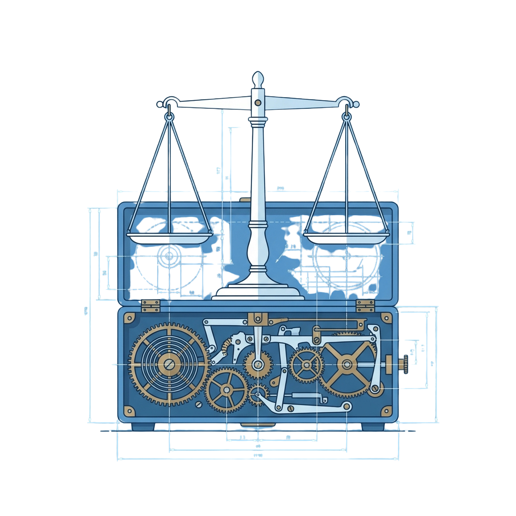A detailed blueprint of a vintage balance scale with internal clockwork gears and mechanical components